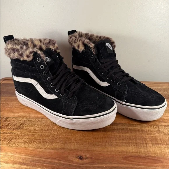 Vans SK8-Hi Platform Black Suede Leopard Fur Sneaker Size 8.5 - Picture 1 of 11